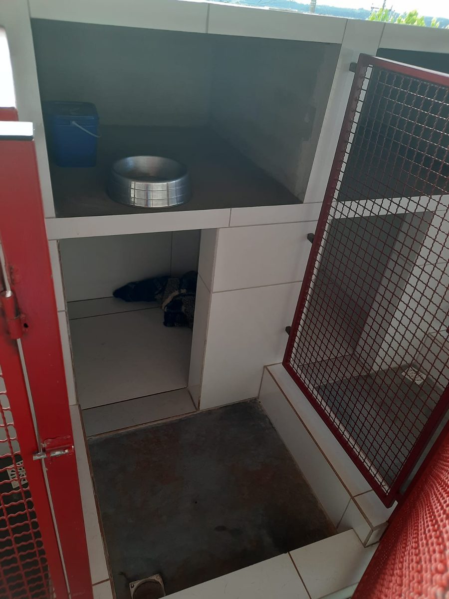 Apartamento individual da Doglanda, com a porta vermelha aberta e o pote de água